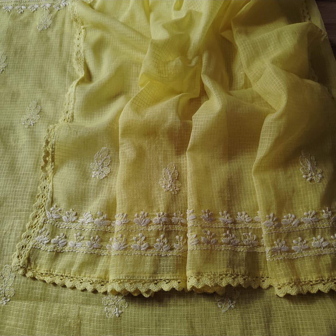 Kota Doriya Rose Chikankari (Yellow)