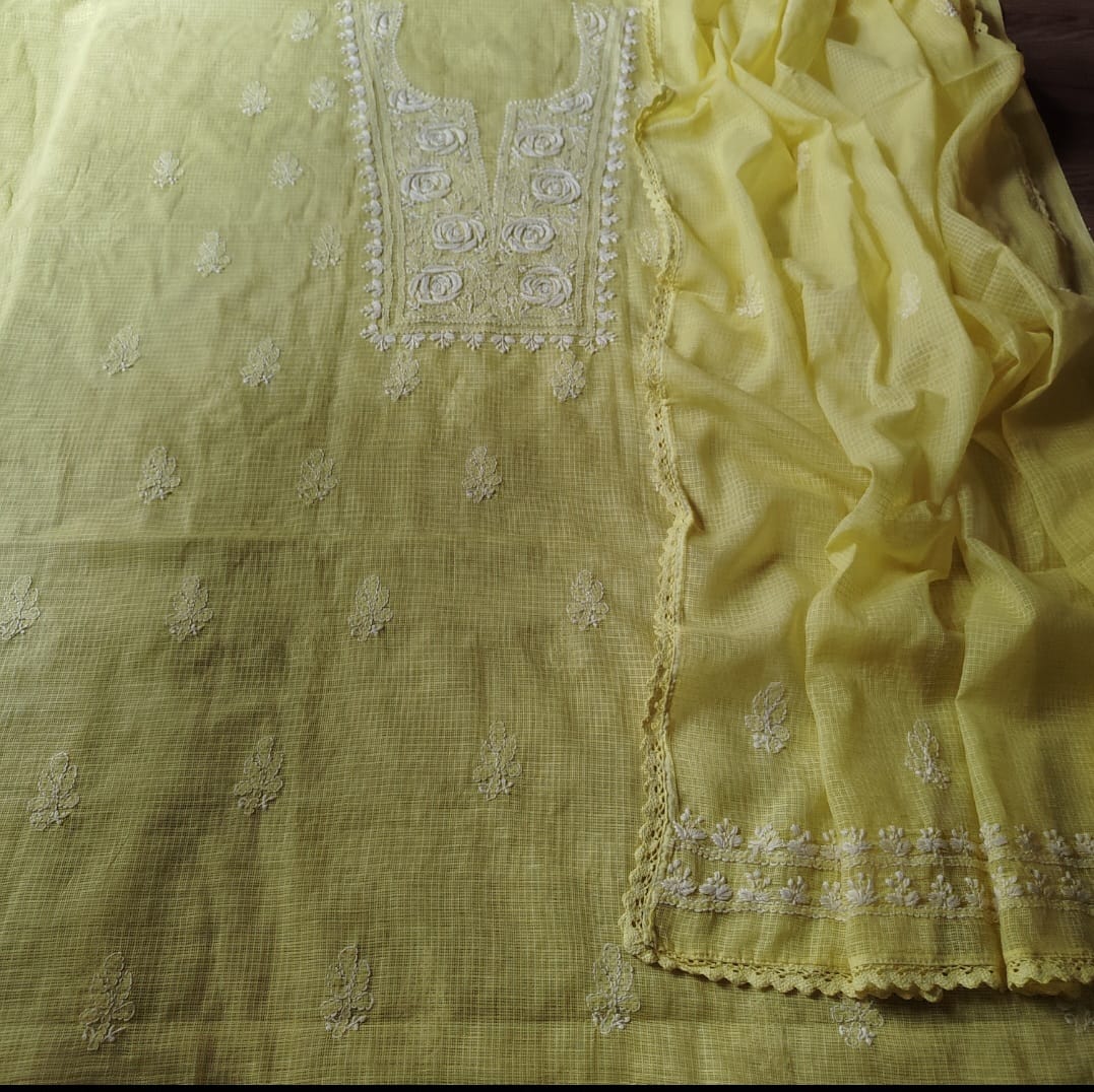 Kota Doriya Rose Chikankari (Yellow)