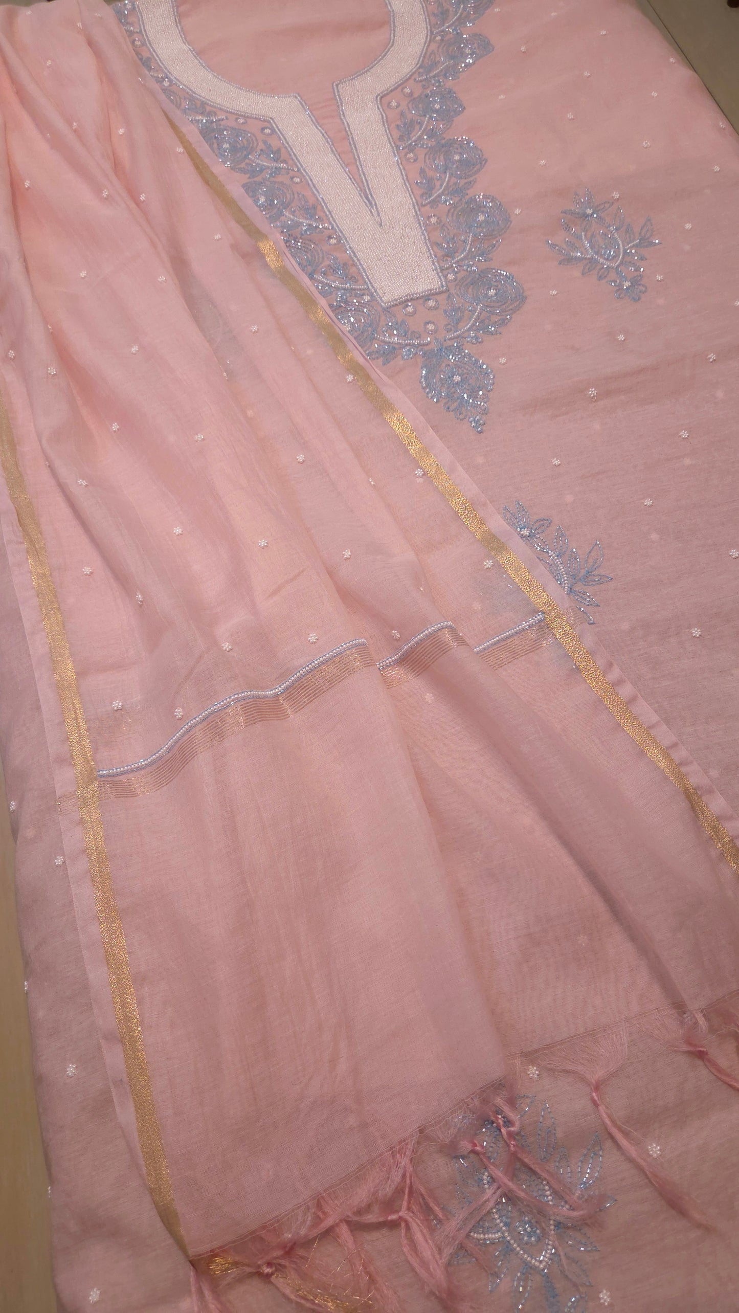 Mul Chanderi Cutdana Suit Set (blue cutdana)