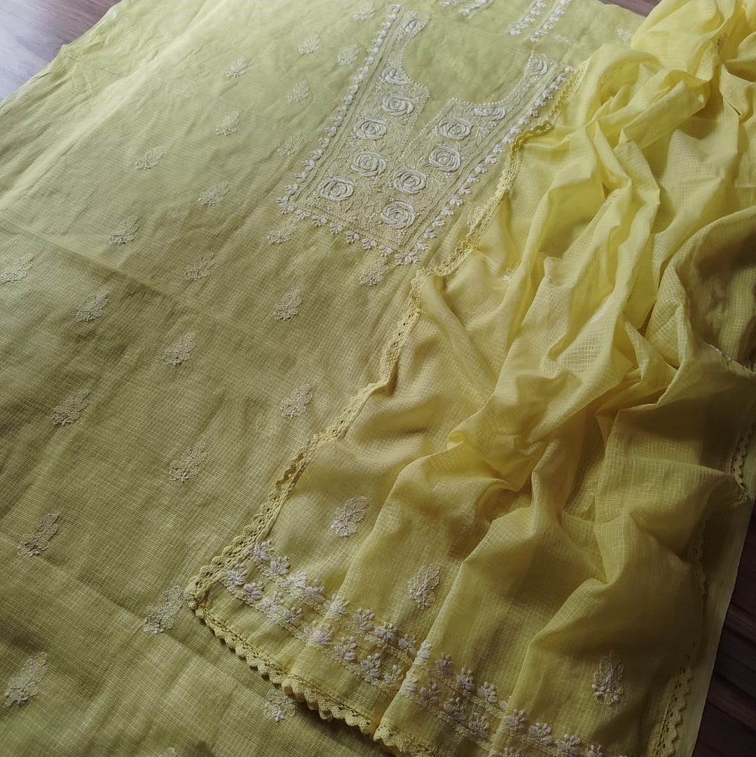 Kota Doriya Rose Chikankari (Yellow)