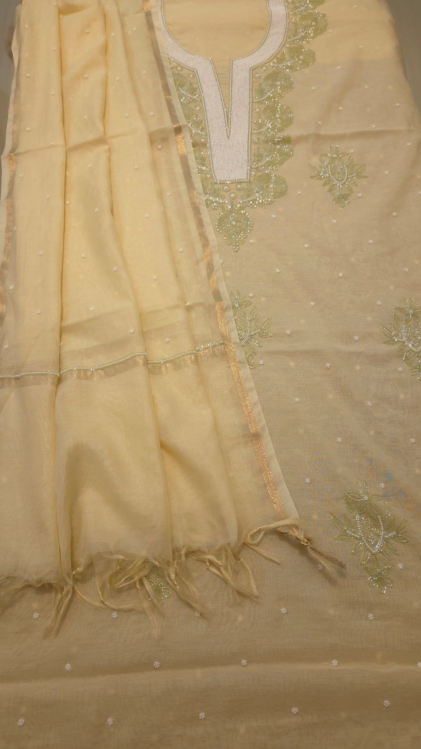Mul Chanderi Cutdana Suit Set (green cutdana)
