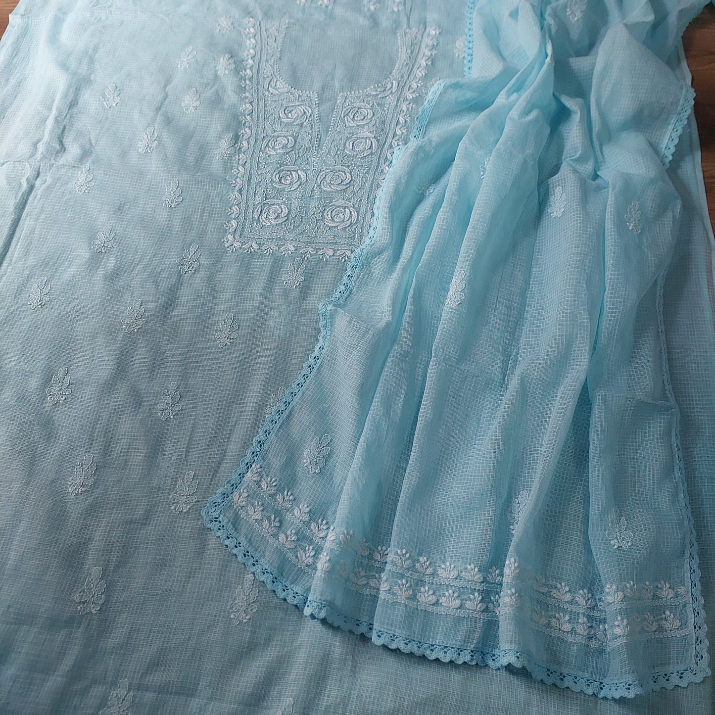 Kota Doriya Rose Chikankari (Turquoise Blue)