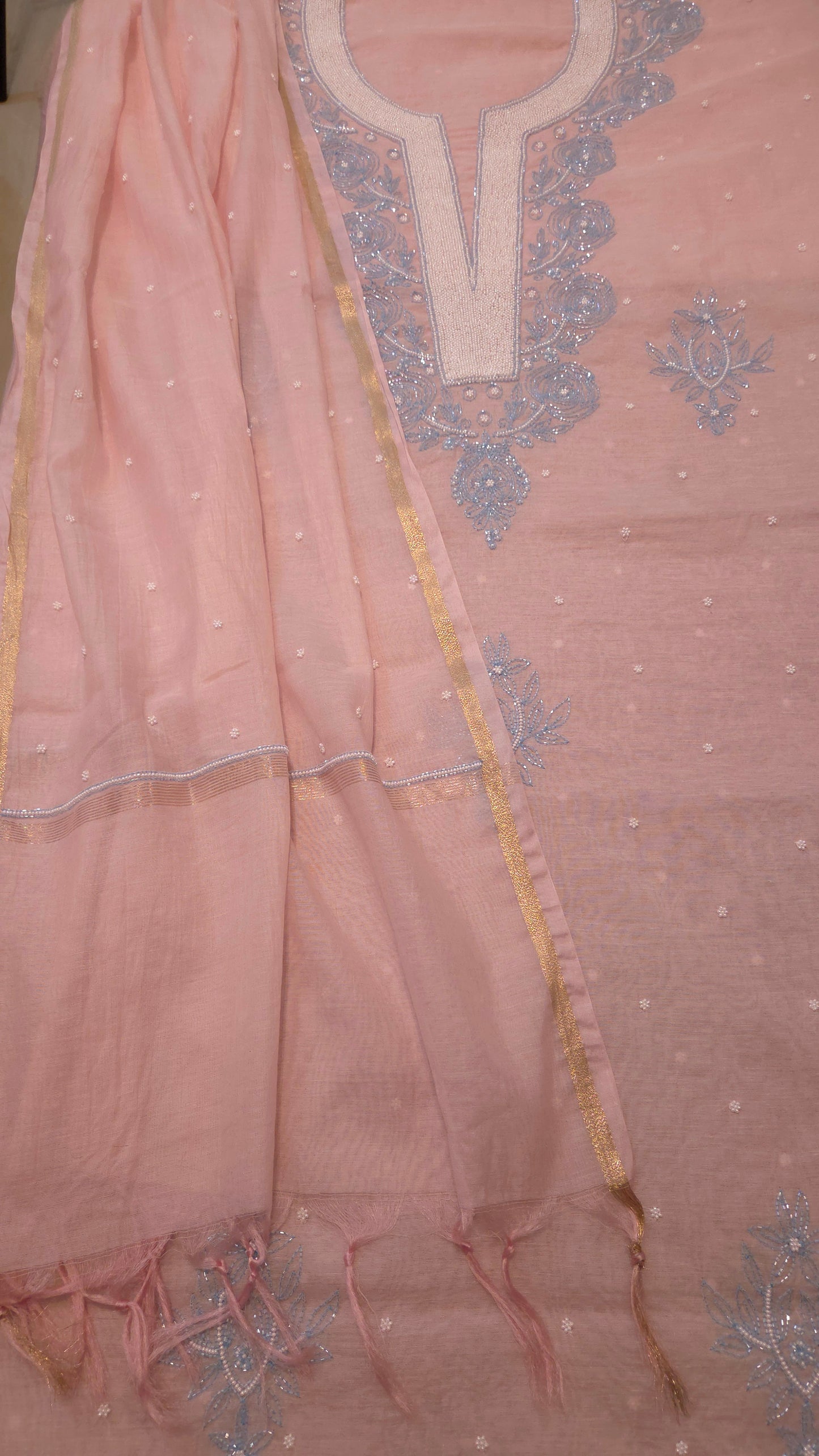 Mul Chanderi Cutdana Suit Set (blue cutdana)