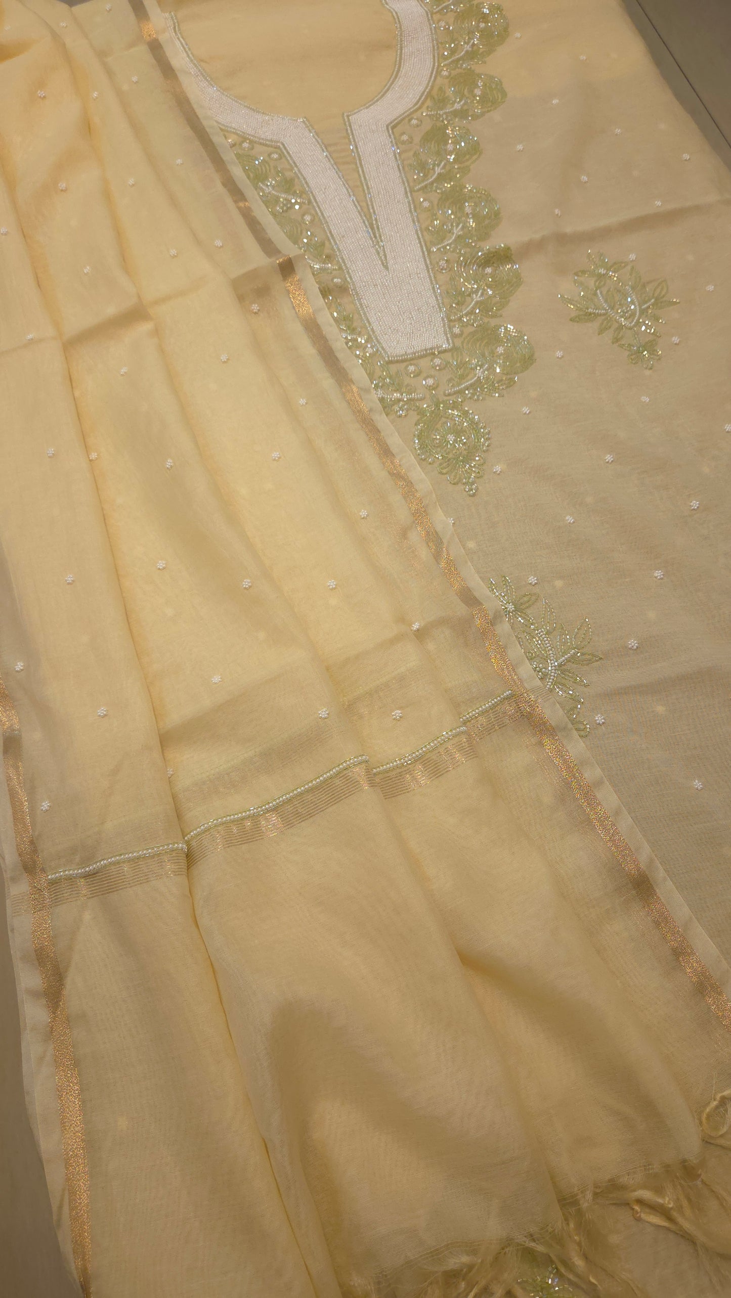Mul Chanderi Cutdana Suit Set (green cutdana)