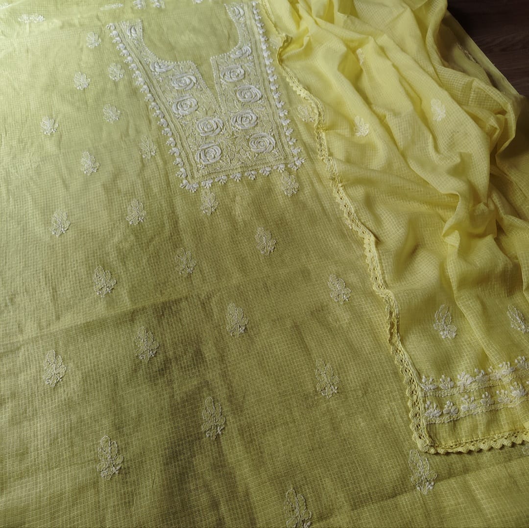 Kota Doriya Rose Chikankari (Yellow)
