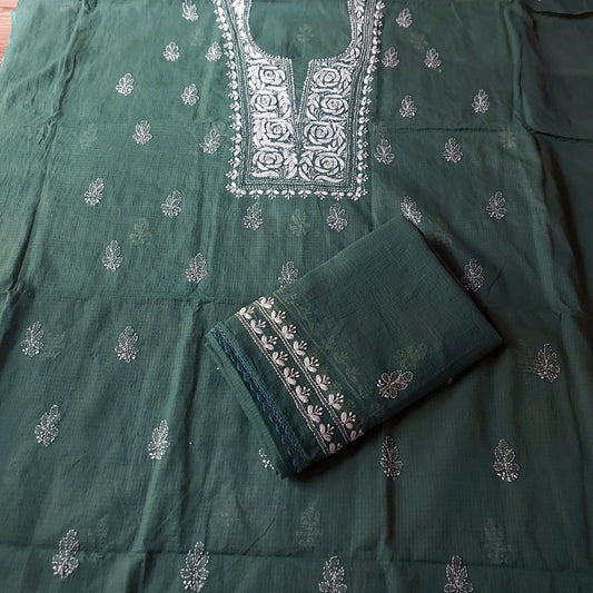 Kota Doriya Rose Chikankari (Bottle Green)